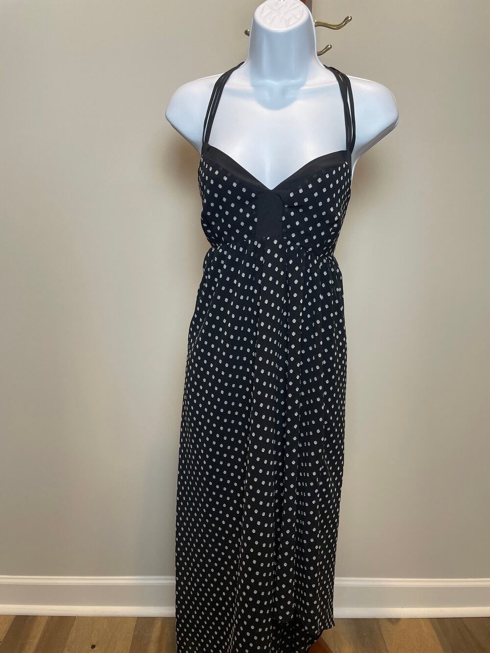 BCBGeneration High‑Low Maxi Dress Size L Black White Strappy Accent